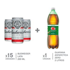 Kit 15 Cerveja Budweiser Lata 269ml + 1 Refrigerante Antarctica GuaranÃ¡ Zero Garrafa 2L