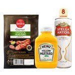 Kit LinguiÃ§a com alho porÃ³ Seara Gourmet 500g + Mostarda Amarela Heinz Squeeze 255g + 8 Cerveja Stella Artois Puro Malte 350ml Lata