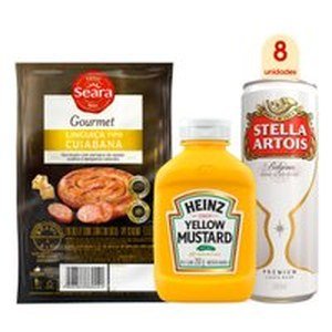 Kit LinguiÃ§a cuiabana Seara Gourmet 500g + Mostarda Amarela Heinz Squeeze 255g + 8 Cervejas Stella Artois Puro Malte 350ml Lata